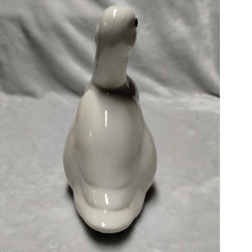 Vintage White Ceramic Duck Figurine Glossy Hand Painted Farmhouse Decor 8.5 Inch